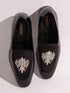 Men's Black Velvet-Patent Hybrid Loafer | Silver Zardozi Cross-Hatched Shield Crest | Artificial Beads | Almond Toe | TPR Sole
