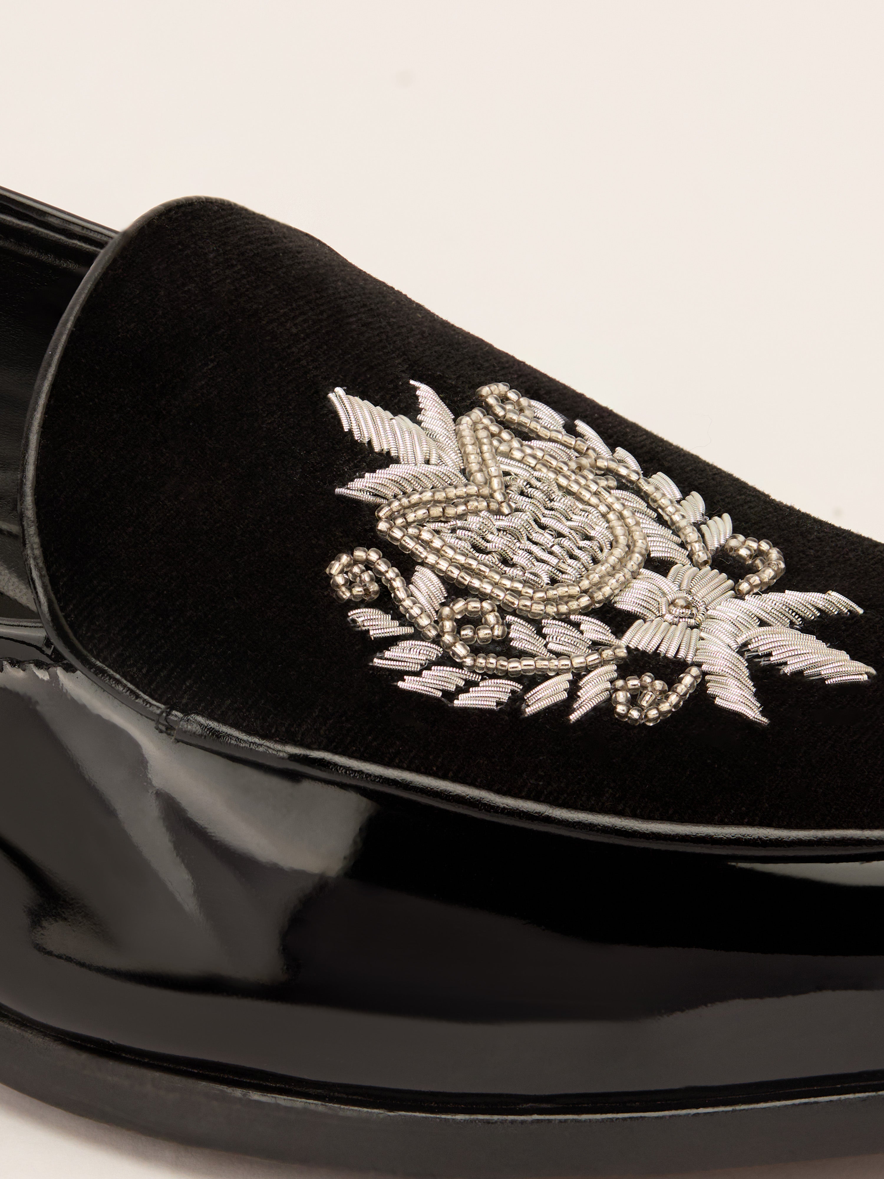 Men's Black Velvet-Patent Hybrid Loafer | Silver Zardozi Cross-Hatched Shield Crest | Artificial Beads | Almond Toe | TPR Sole