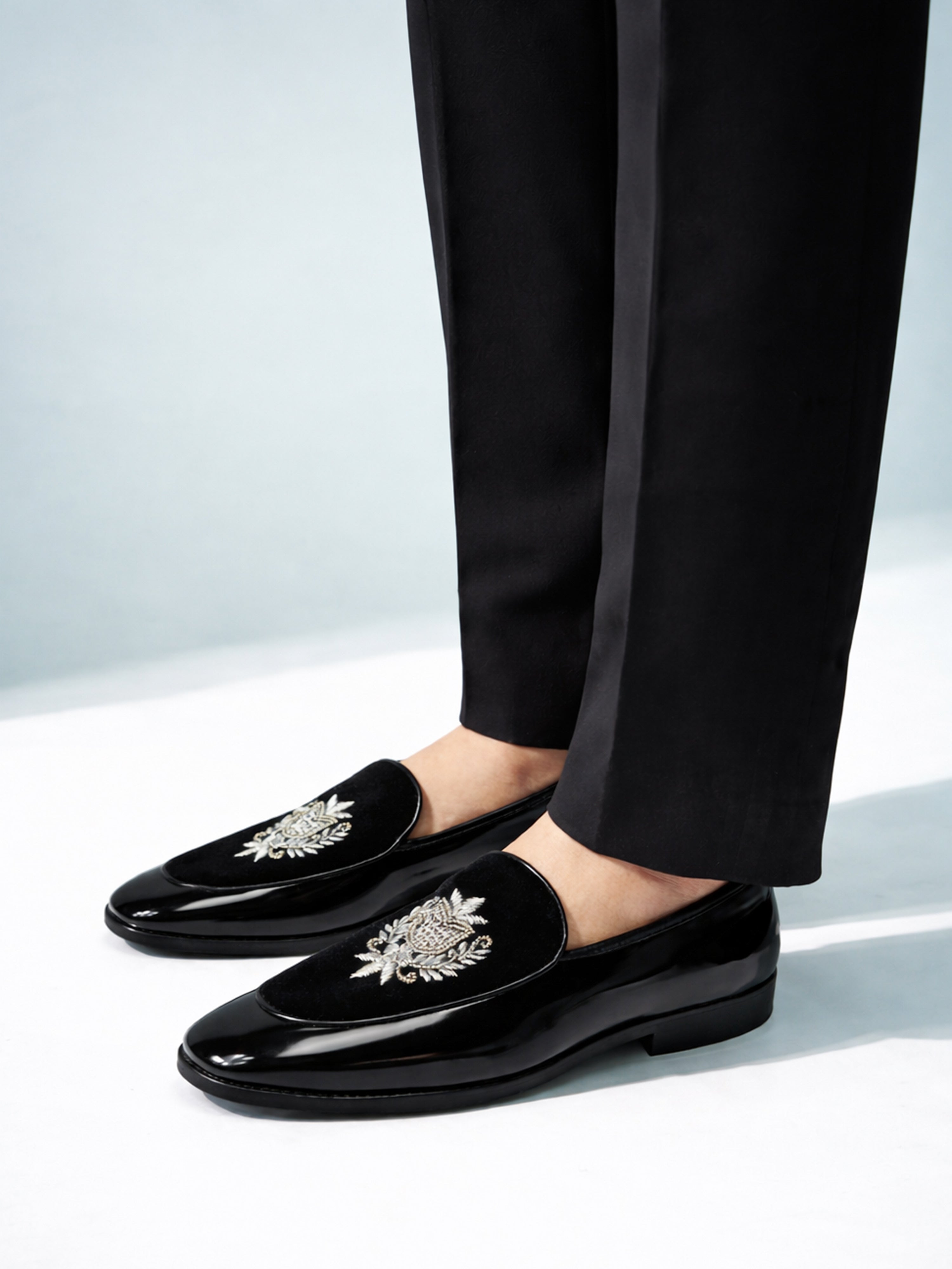 Men's Black Velvet-Patent Hybrid Loafer | Silver Zardozi Cross-Hatched Shield Crest | Artificial Beads | Almond Toe | TPR Sole