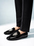 Men's Black Velvet-Patent Hybrid Loafer | Silver Zardozi Cross-Hatched Shield Crest | Artificial Beads | Almond Toe | TPR Sole