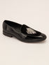 Men's Black Velvet-Patent Hybrid Loafer | Silver Zardozi Cross-Hatched Shield Crest | Artificial Beads | Almond Toe | TPR Sole