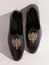 Men's Full Black Textured Matte Loafer | Gold Zardozi Shield Crest | Slip-On | Almond Toe | TPR Sole | All Season