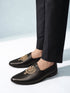Men's Full Black Textured Matte Loafer | Gold Zardozi Shield Crest | Slip-On | Almond Toe | TPR Sole | All Season