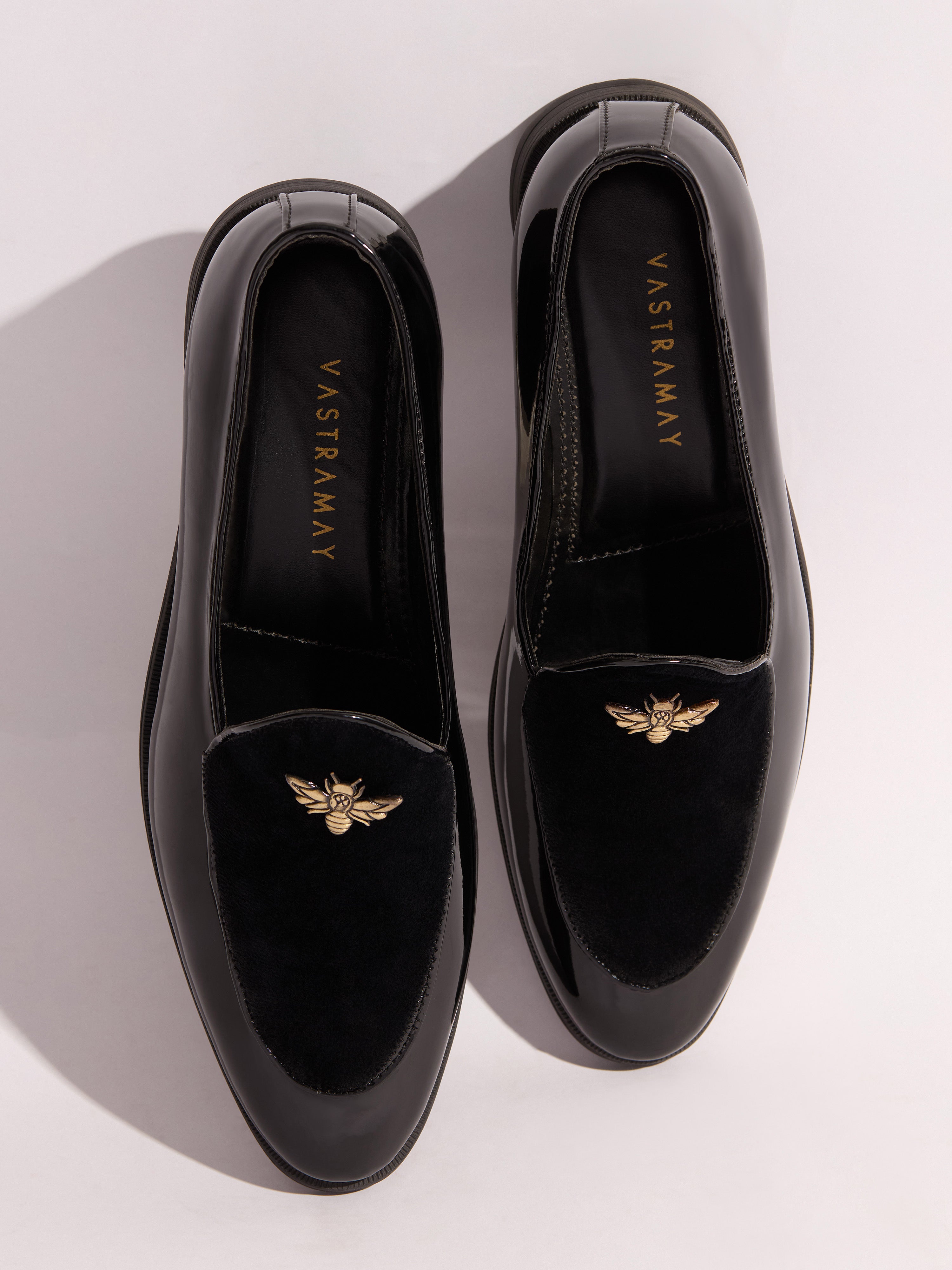 Men's Black Velvet-Patent Loafer | Antiqued Brass Honeybee Charm | High-Gloss Patent Sides | Almond Toe | TPR Sole | All Season
