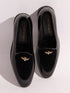 Men's Black Velvet-Patent Loafer | Antiqued Brass Honeybee Charm | High-Gloss Patent Sides | Almond Toe | TPR Sole | All Season