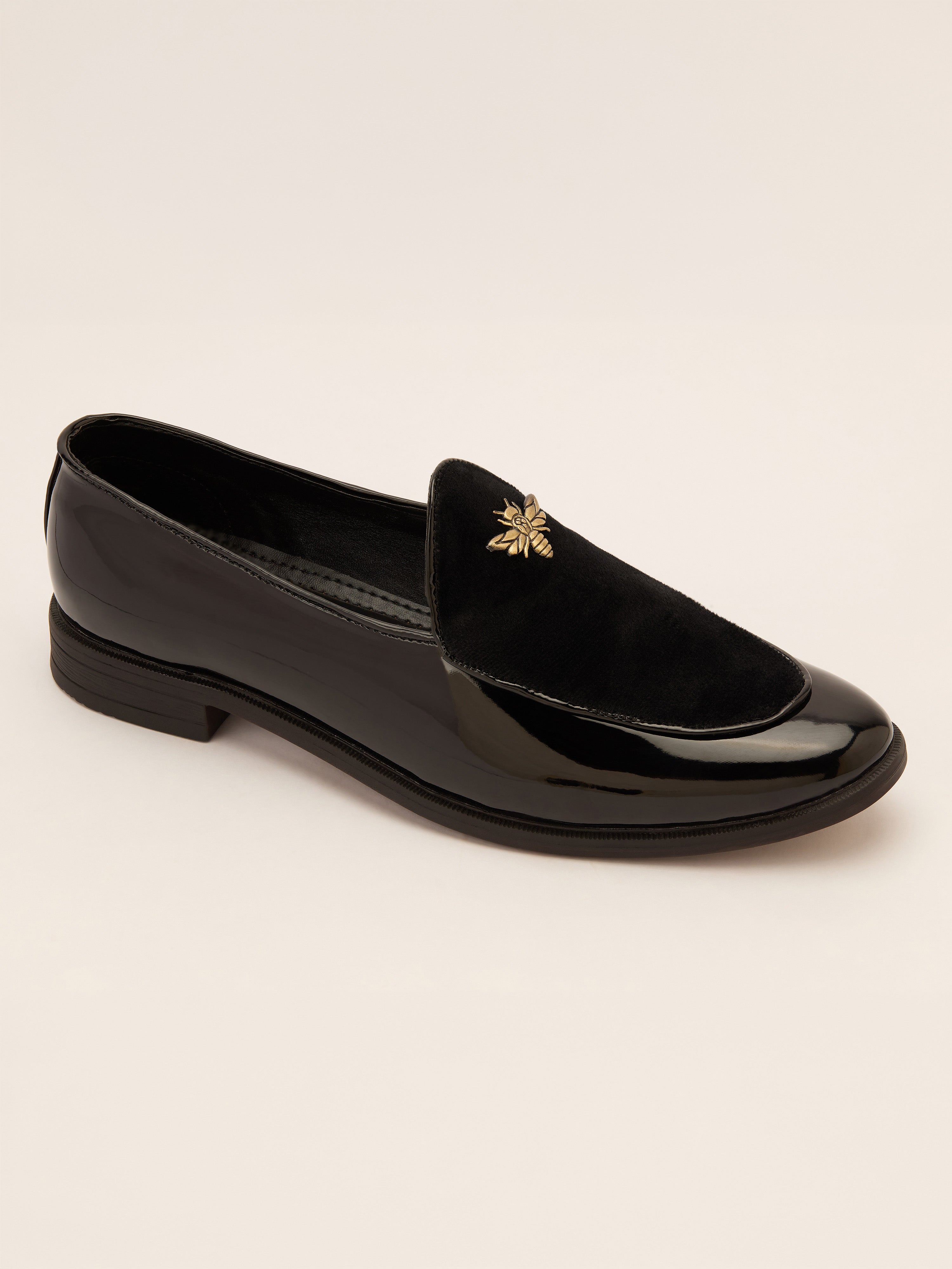Men's Black Velvet-Patent Loafer | Antiqued Brass Honeybee Charm | High-Gloss Patent Sides | Almond Toe | TPR Sole | All Season