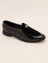 Men's Black Velvet-Patent Loafer | Antiqued Brass Honeybee Charm | High-Gloss Patent Sides | Almond Toe | TPR Sole | All Season