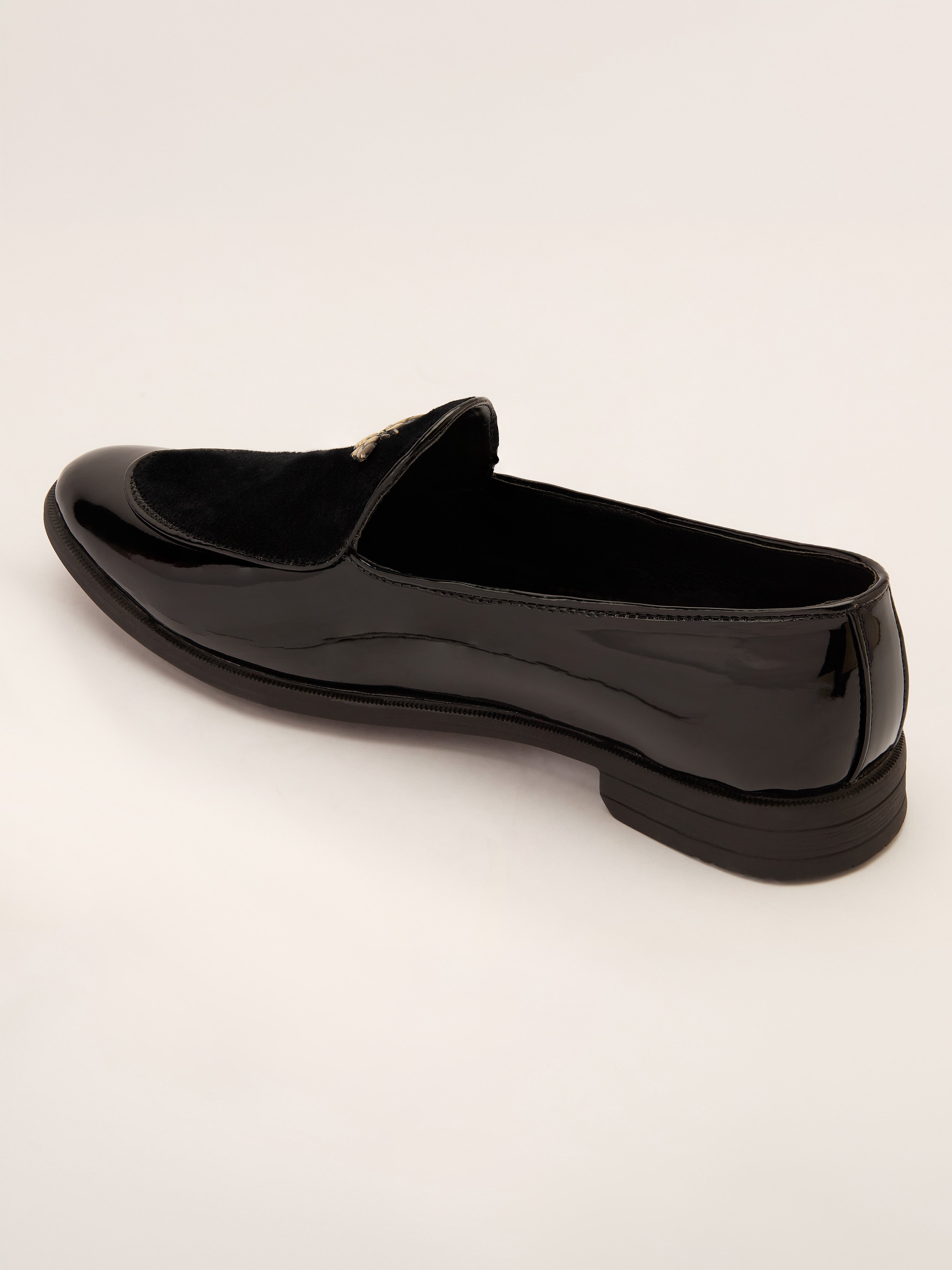 Men's Black Velvet-Patent Loafer | Antiqued Brass Honeybee Charm | High-Gloss Patent Sides | Almond Toe | TPR Sole | All Season