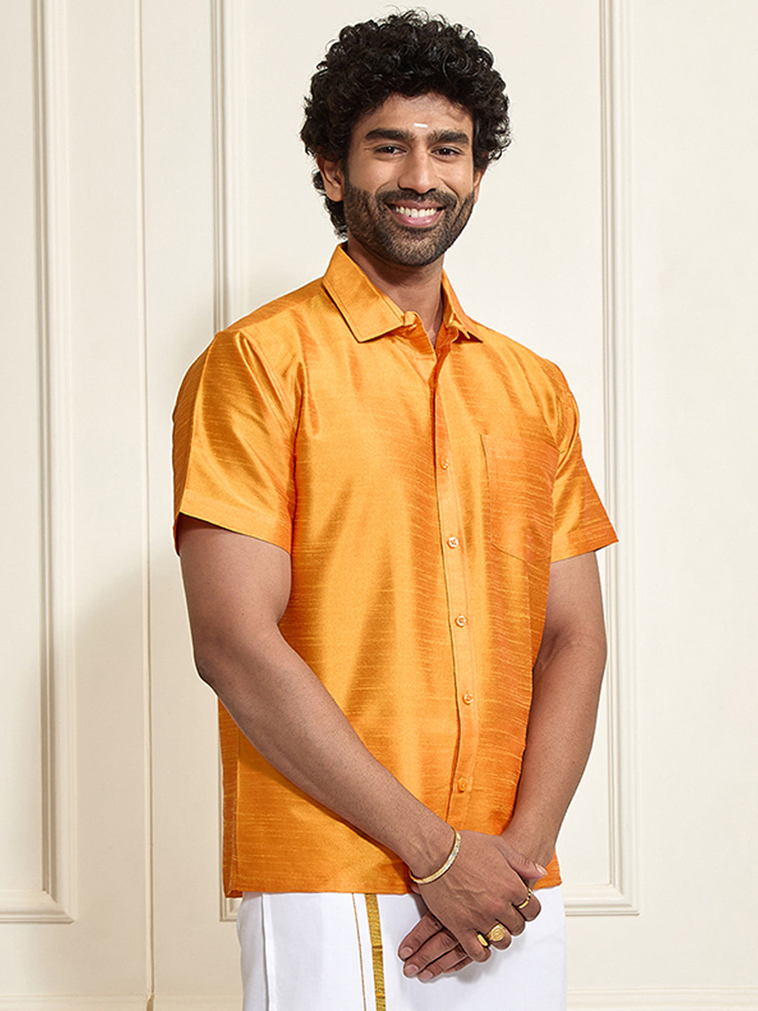 VASTRAMAY Men's Orange Silk Blend Ethnic Shirt