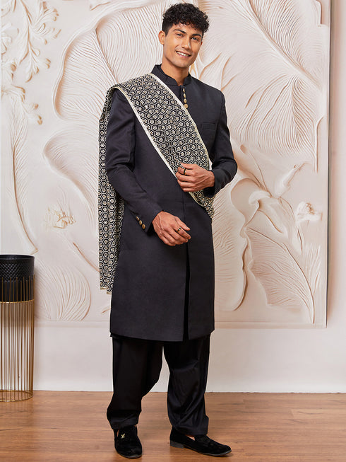 Men's Black And Cream Viscose Sherwani Kurta Pyjama And Dupata Set