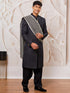 Men's Black And Cream Viscose Sherwani Kurta Pyjama And Dupata Set