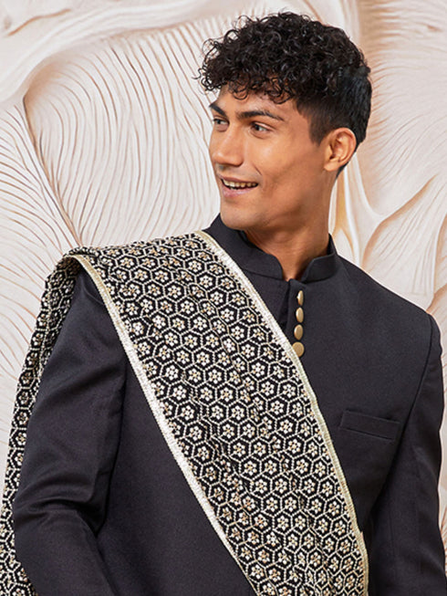 Men's Black And Cream Viscose Sherwani Kurta Pyjama And Dupata Set