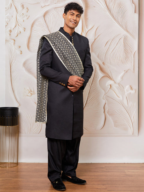 Men's Black And Cream Viscose Sherwani Kurta Pyjama And Dupata Set