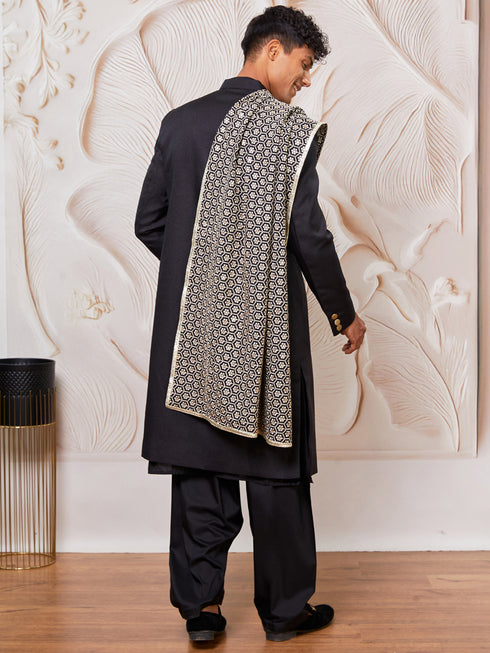 Men's Black And Cream Viscose Sherwani Kurta Pyjama And Dupata Set