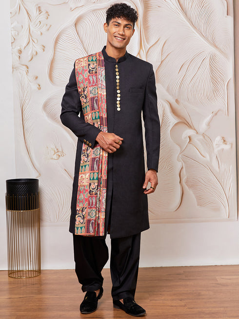 Men's Black And Cream Viscose Sherwani Patiala And Dupatta Set