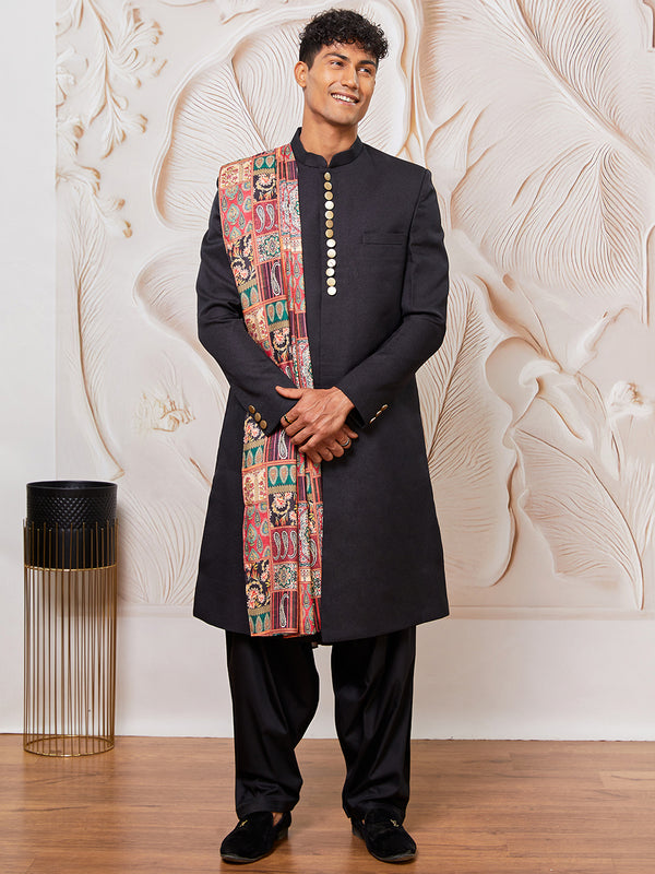 Men's Black And Cream Viscose Sherwani Patiala And Dupatta Set