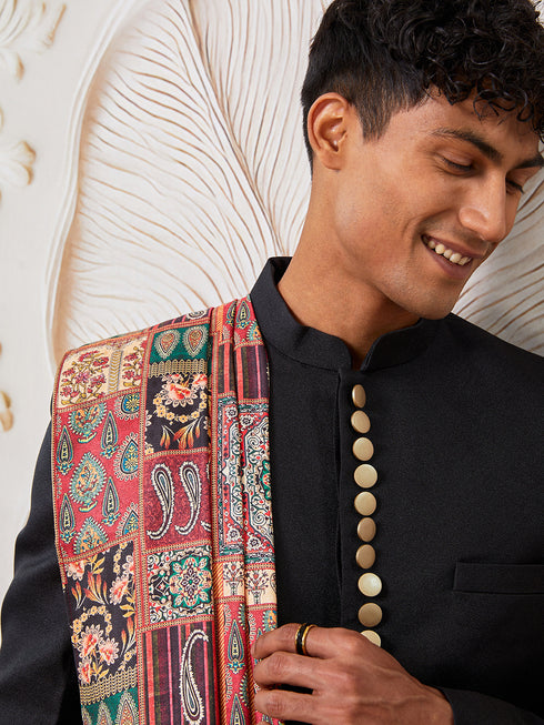 Men's Black And Cream Viscose Sherwani Patiala And Dupatta Set