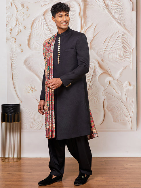 Men's Black And Cream Viscose Sherwani Patiala And Dupatta Set