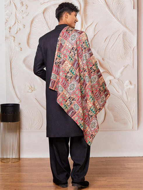 Men's Black And Cream Viscose Sherwani Patiala And Dupatta Set