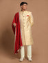 Men's Gold Silk-Blend Ethnic Motiff Thigh Length Sherwani Set with Pyjama