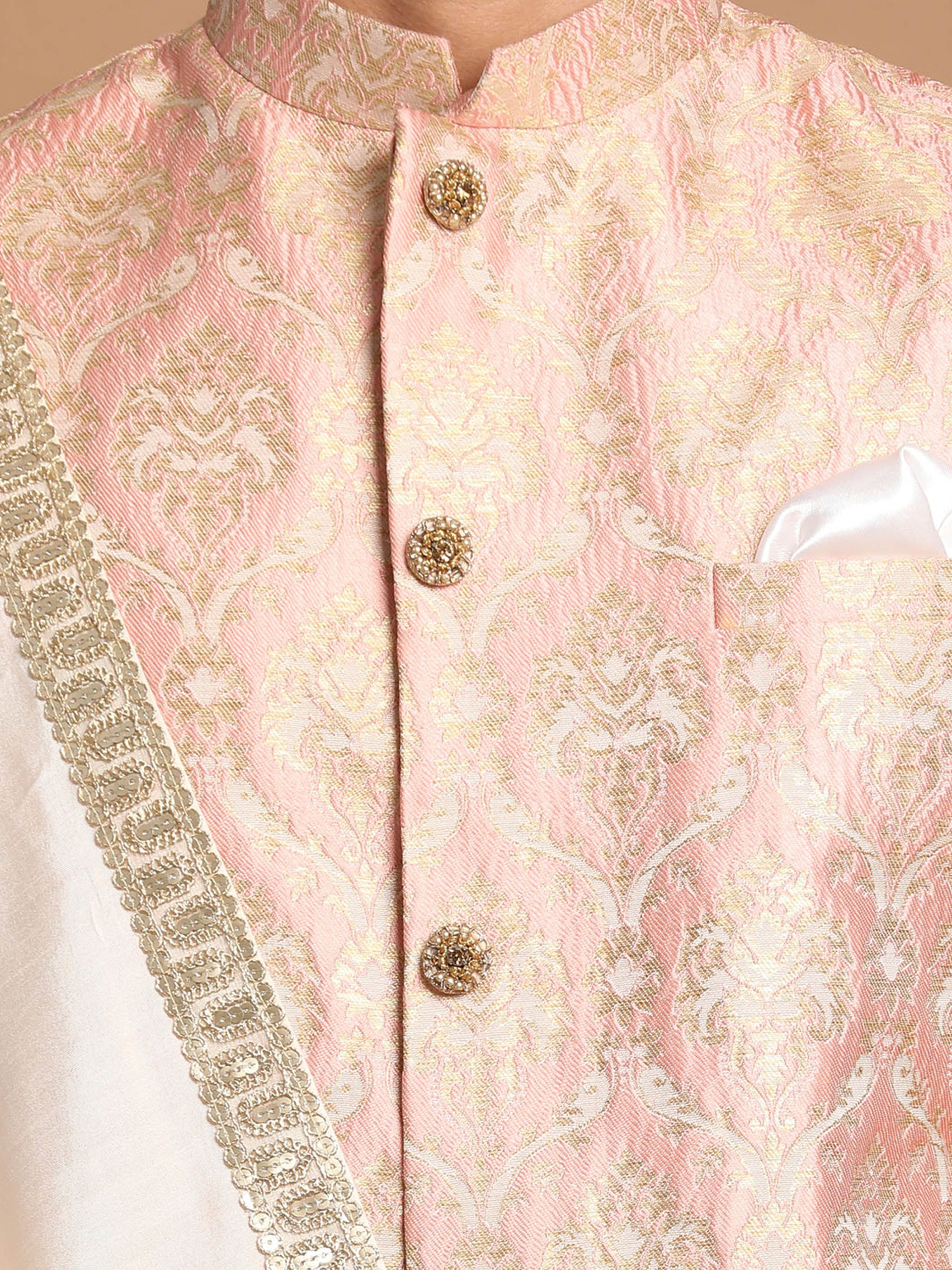 Men's Pink Silk-Blend Ethnic Motiff Thigh Length Sherwani Set with Pyjama