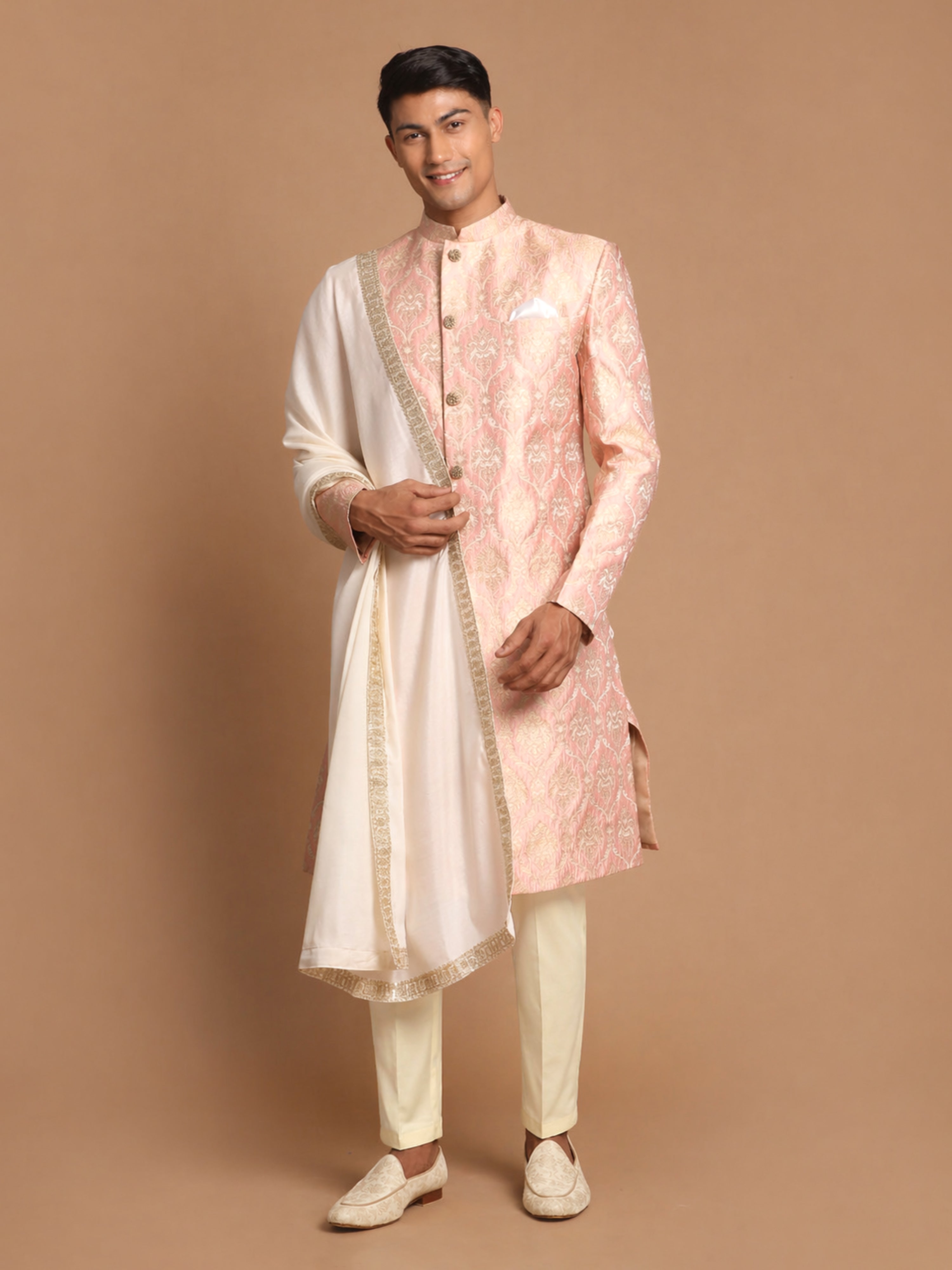Men's Pink Silk-Blend Ethnic Motiff Thigh Length Sherwani Set with Pyjama