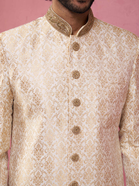 Men's Beige Silk Blend Sherwani Set with Cream Pyjama