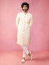 Men's Beige Silk Blend Sherwani Set with Cream Pyjama