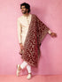 Men's Beige Sherwani Set with Cream Pyjama & Maroon Velvet Dupatta