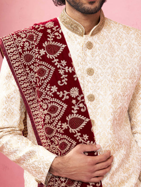 Men's Beige Sherwani Set with Cream Pyjama & Maroon Velvet Dupatta