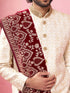 Men's Beige Sherwani Set with Cream Pyjama & Maroon Velvet Dupatta