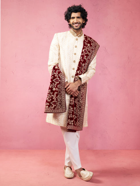 Men's Beige Sherwani Set with Cream Pyjama & Maroon Velvet Dupatta