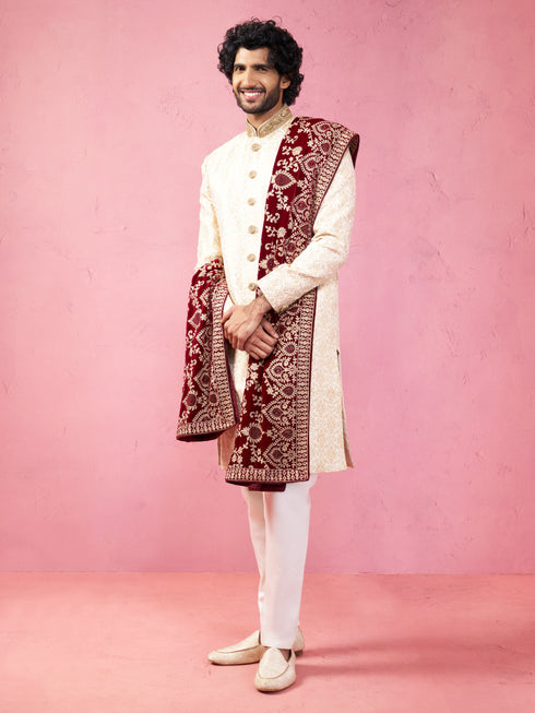 Men's Beige Sherwani Set with Cream Pyjama & Maroon Velvet Dupatta