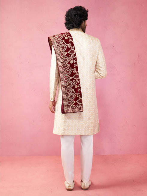 Men's Beige Sherwani Set with Cream Pyjama & Maroon Velvet Dupatta