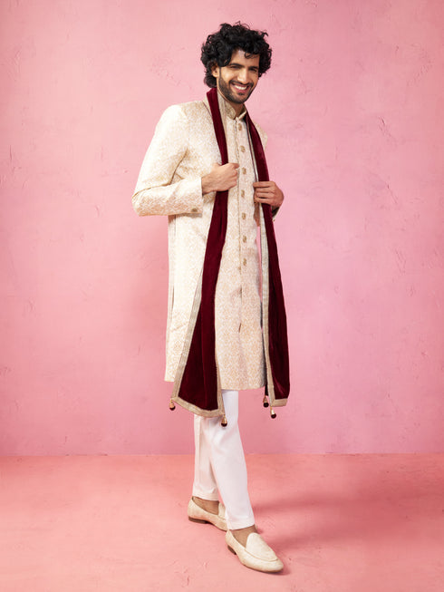 Men's Beige Silk Sherwani Set with Pyjama & Velvet Dupatta