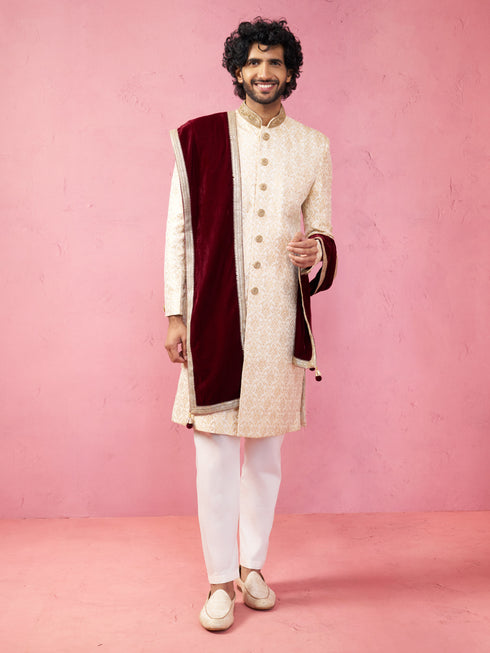 Men's Beige Silk Sherwani Set with Pyjama & Velvet Dupatta