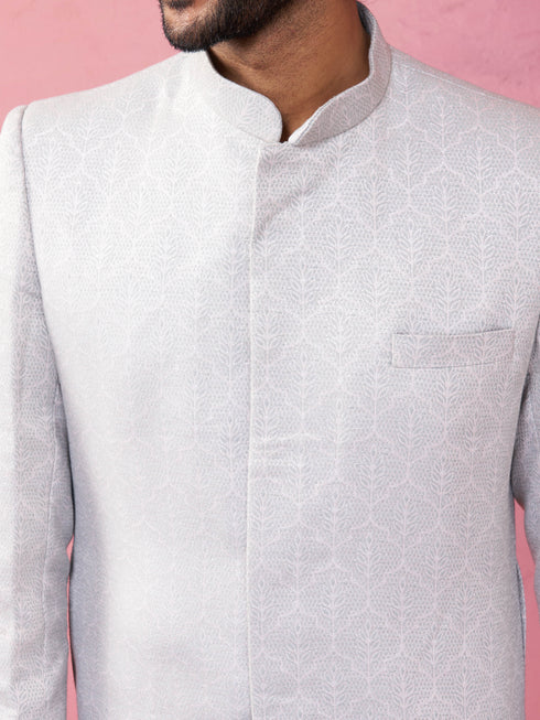 Men's Grey Silk Blend Sherwani Set with Cream Pyjama