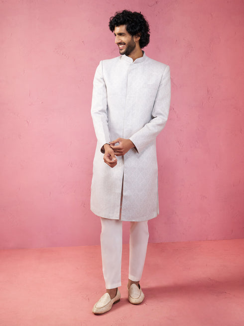 Men's Grey Silk Blend Sherwani Set with Cream Pyjama