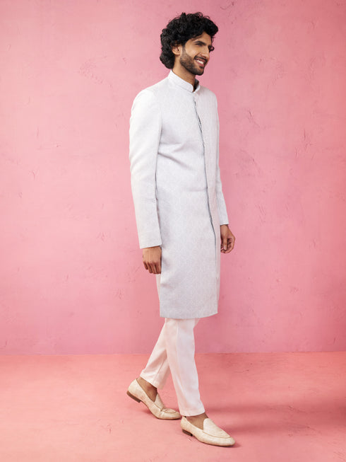 Men's Grey Silk Blend Sherwani Set with Cream Pyjama