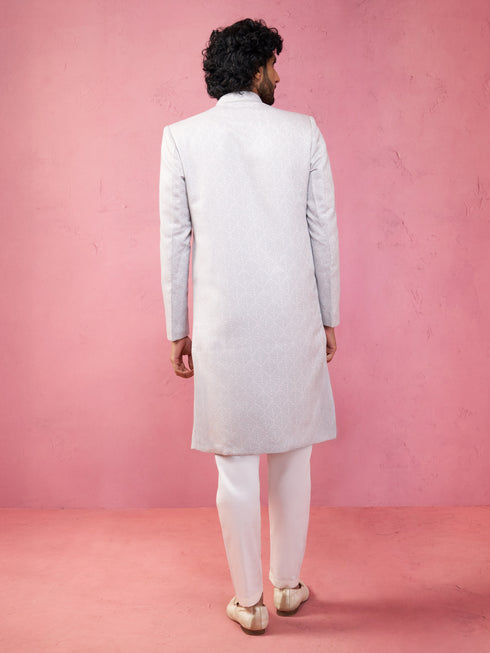 Men's Grey Silk Blend Sherwani Set with Cream Pyjama