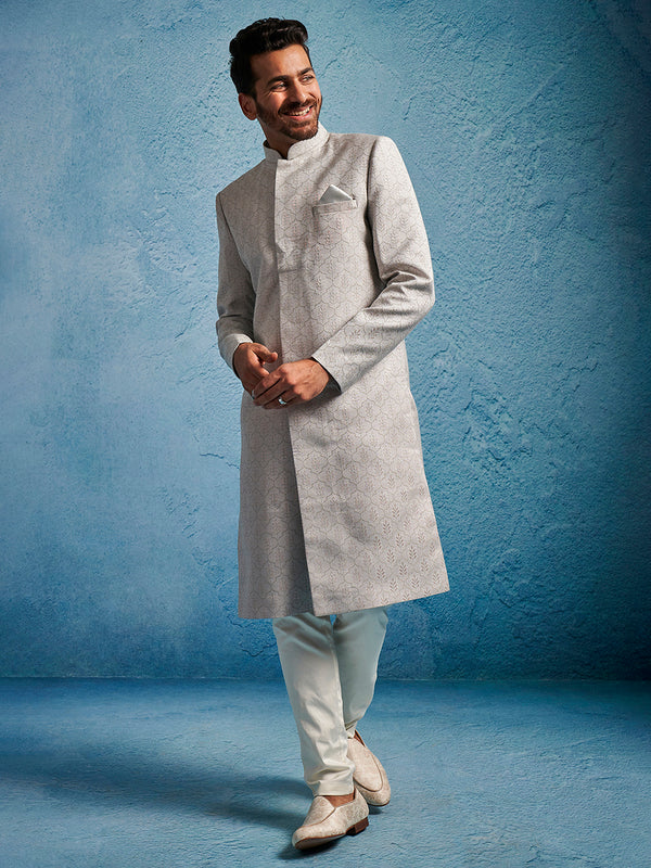 Men Grey Kenzo Jacquard Silk Blend Sherwani with Cream Pyjama Set