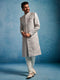 Men Grey Kenzo Jacquard Silk Blend Sherwani with Cream Pyjama Set