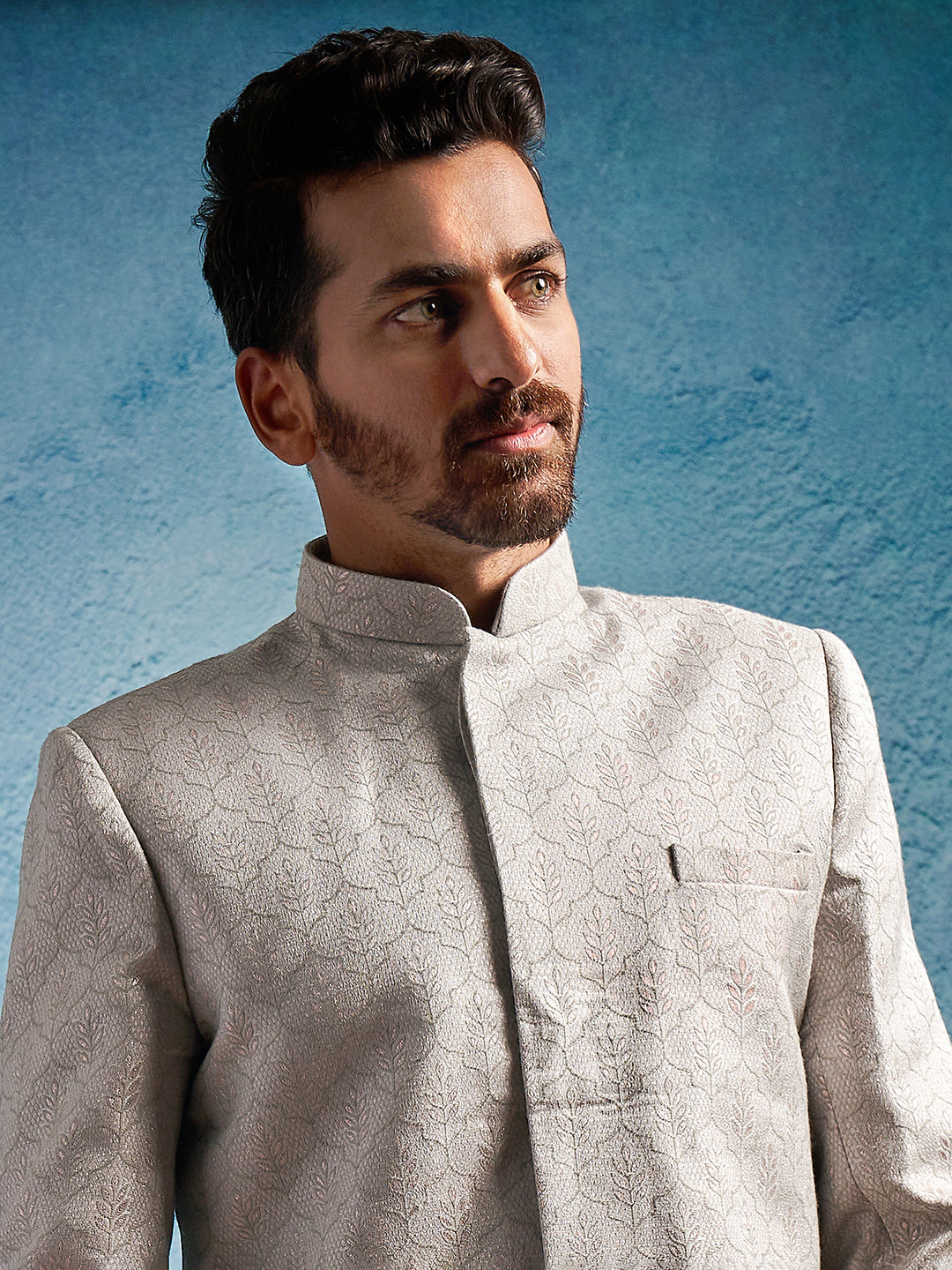 Men Grey Kenzo Jacquard Silk Blend Sherwani with Cream Pyjama Set