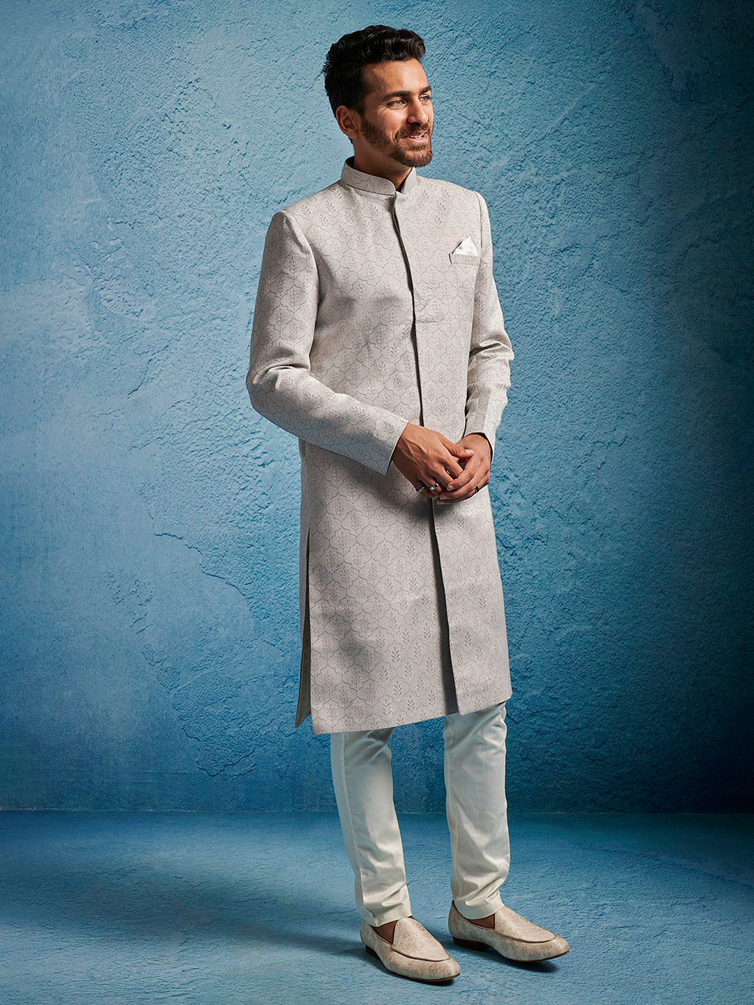 Men Grey Kenzo Jacquard Silk Blend Sherwani with Cream Pyjama Set