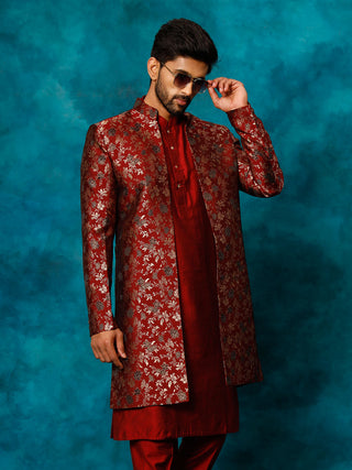 VASTRAMAY Men's Red Jacquard Indo Western Only Top