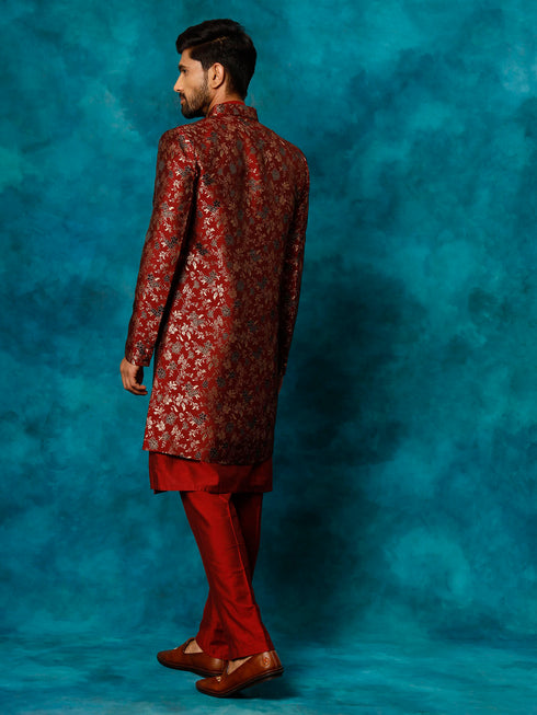 Men's Red Jacquard Indo Western With Maroon Viscose Kurta Pant Set