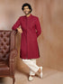 Men's Maroon Sequin Embroidered Georgette Sherwani with Cream Solid Silk Pyjama Set