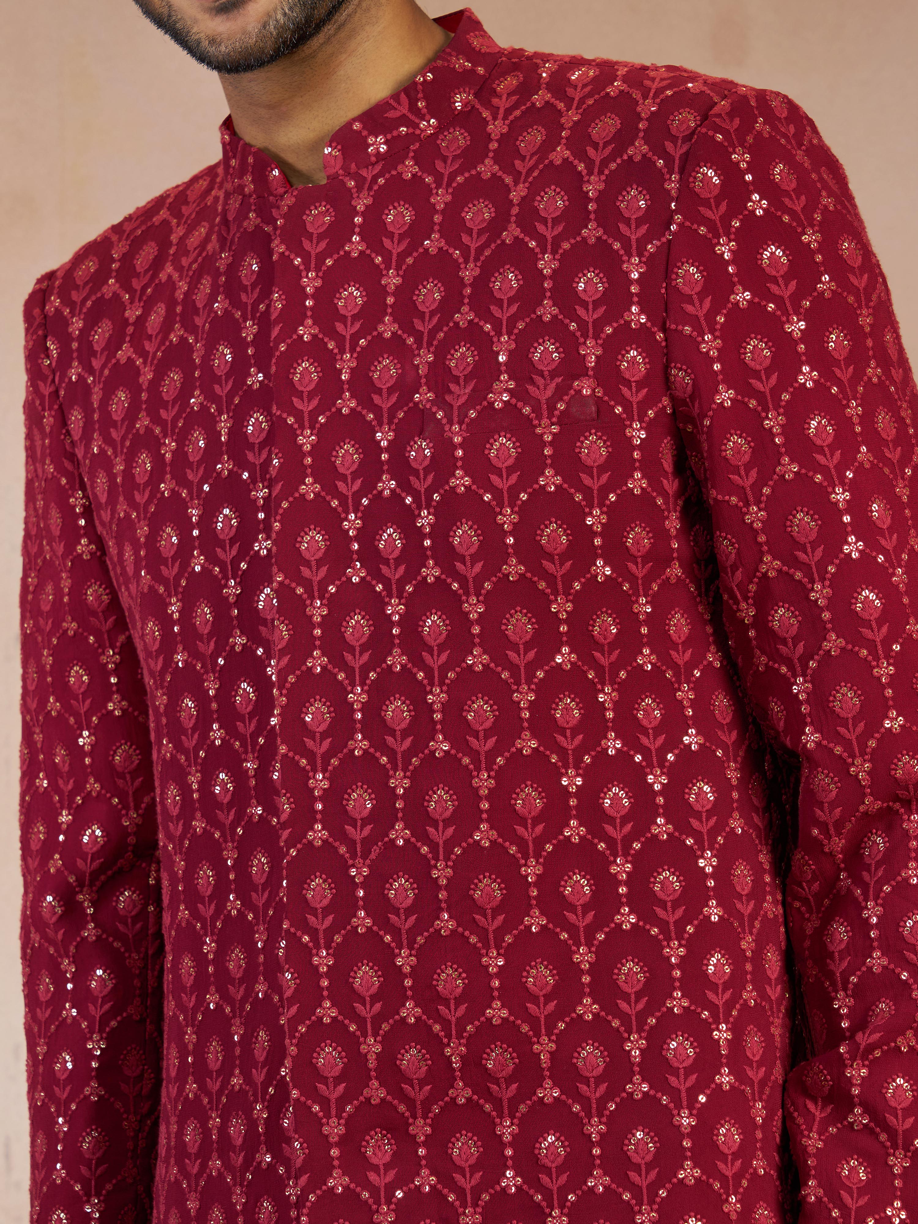Men's Maroon Sequin Embroidered Georgette Sherwani with Cream Solid Silk Pyjama Set