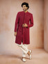 Men's Maroon Sequin Embroidered Georgette Sherwani with Cream Solid Silk Pyjama Set