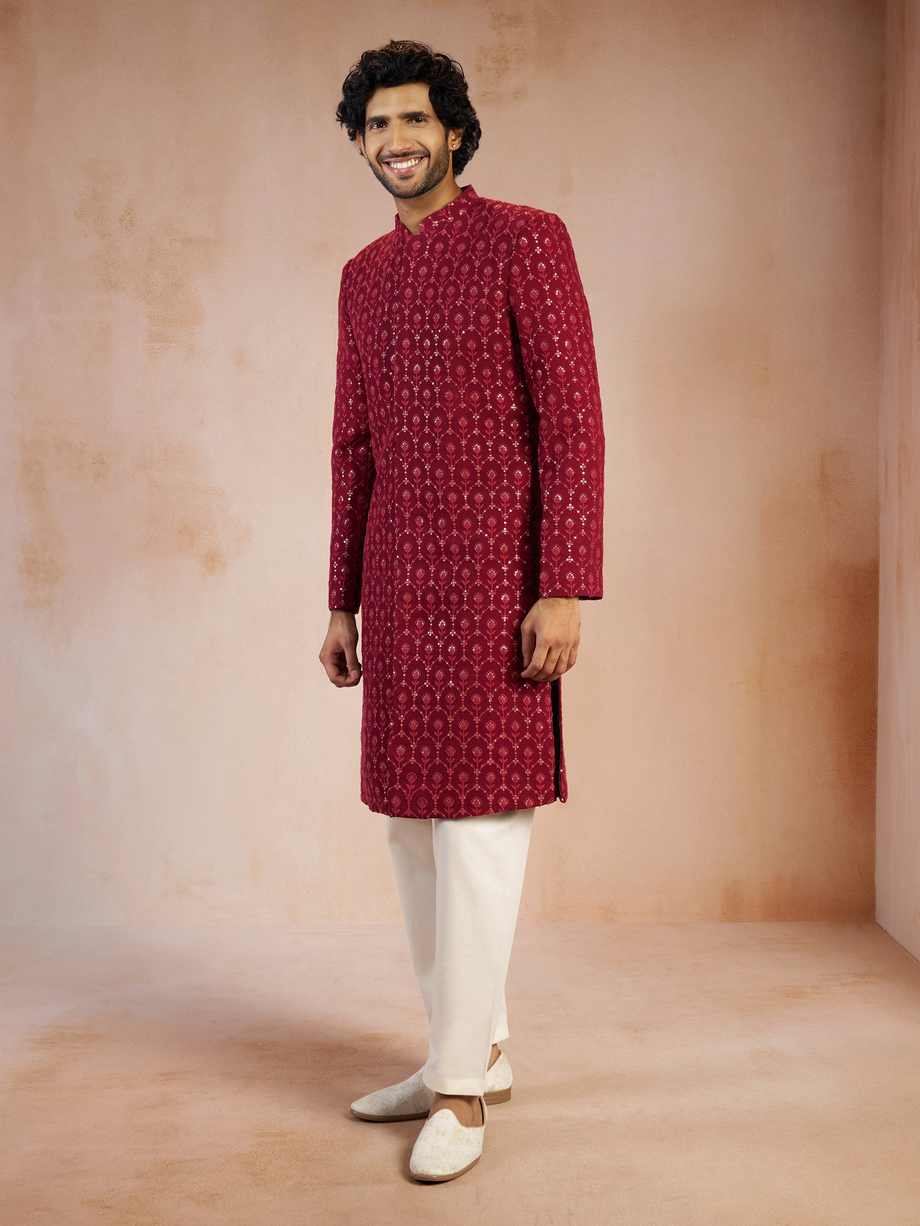Men's Maroon Sequin Embroidered Georgette Sherwani with Cream Solid Silk Pyjama Set
